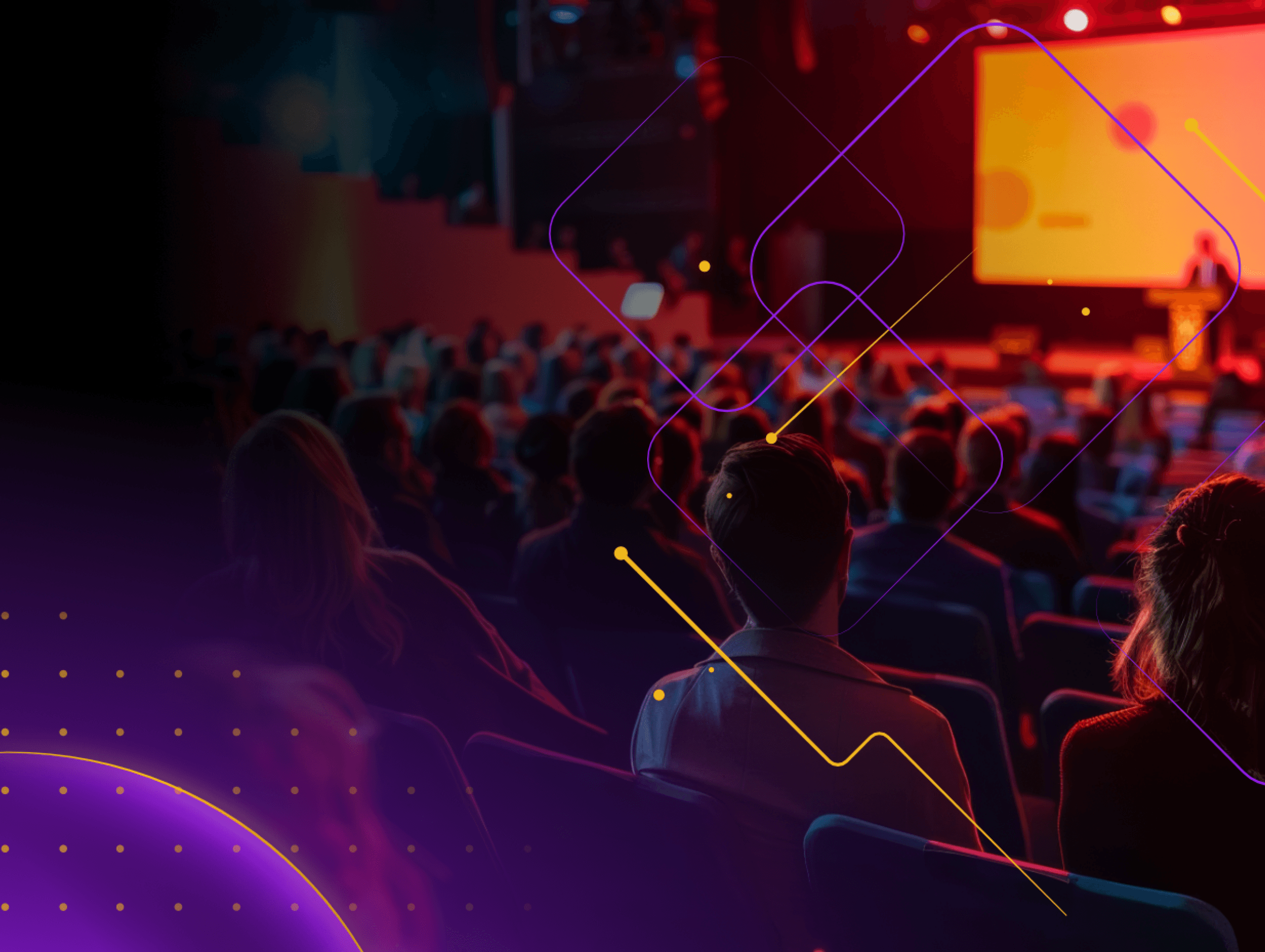 W tle audytorium wypełnione ludźmi, na pierwszym planie abstrakcyjne kolorowe linie.