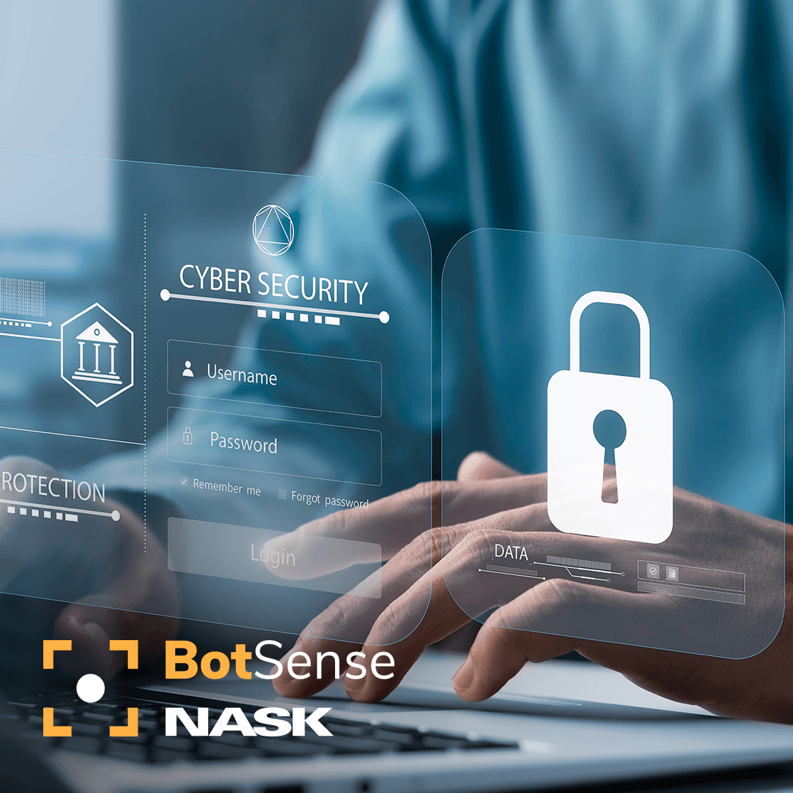 Mężczyzna piszący na klawiaturze komputera. Tekst: BotSense NASK