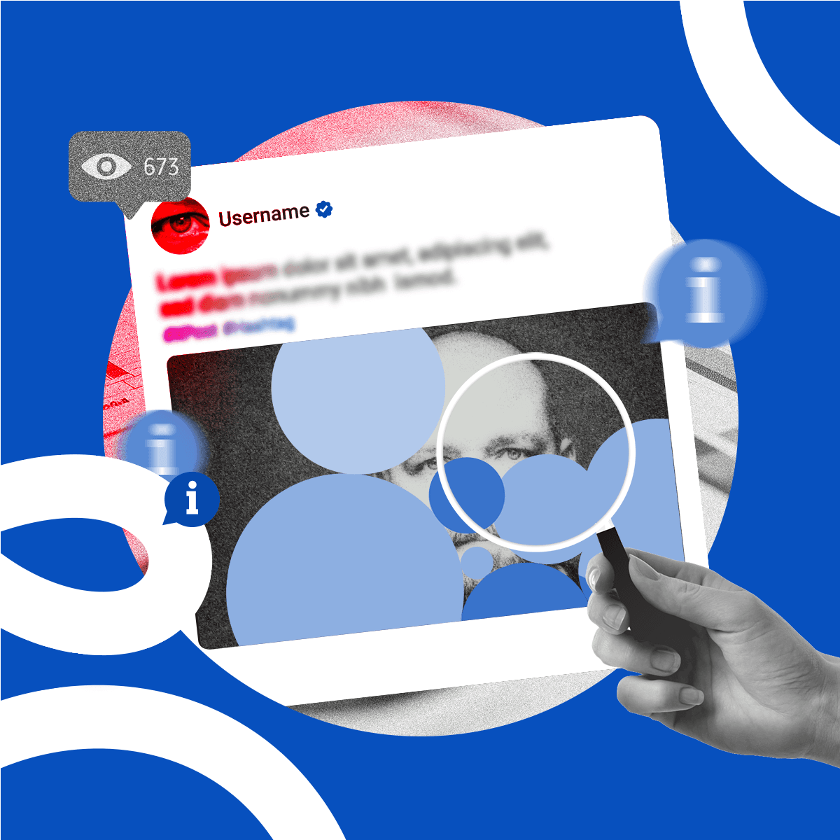 Infografika przedstawiająca post i ręka trzymająca lupę