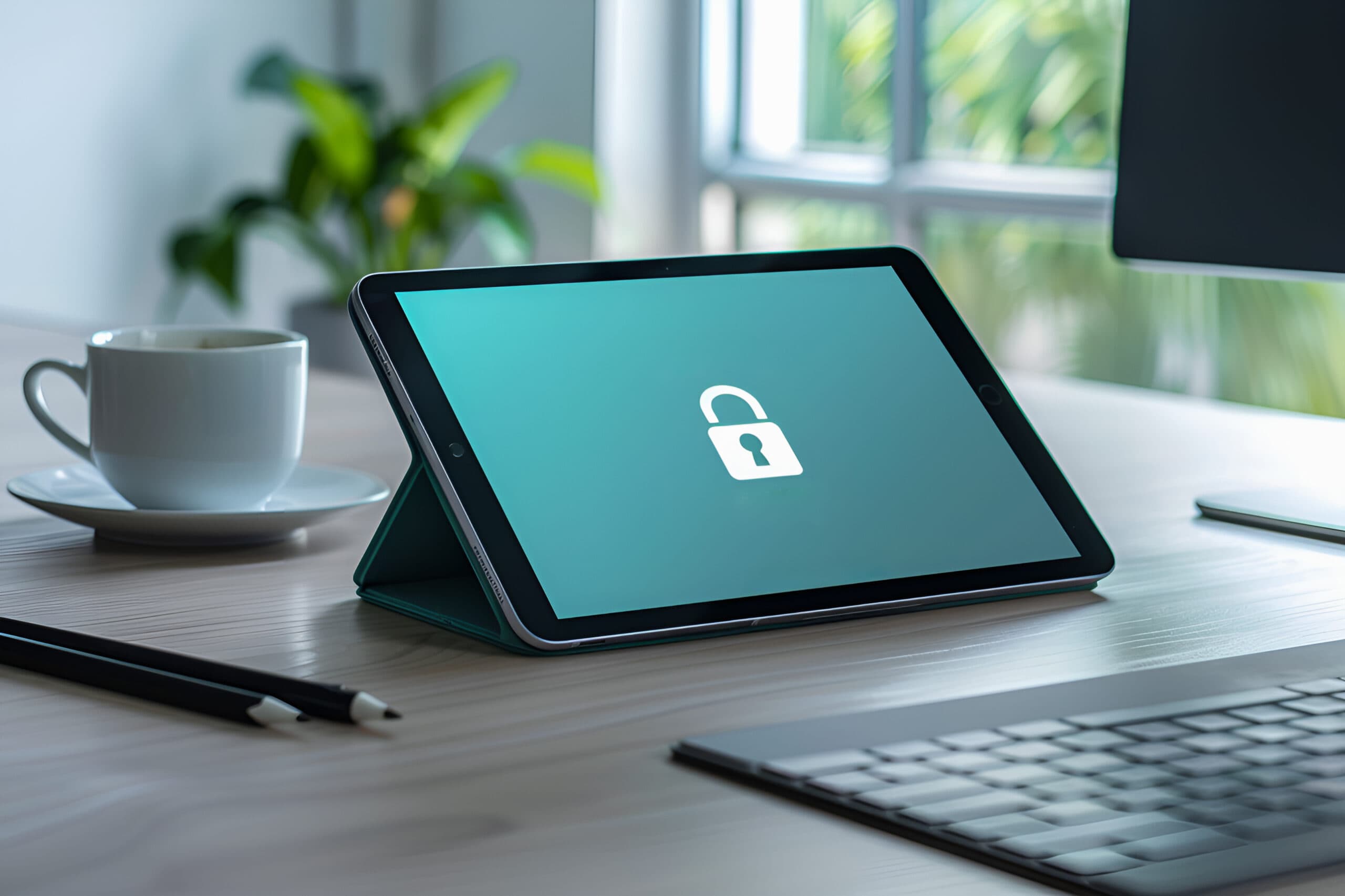 Tablet na biurku. Na ekranie wyświetla się symbol kłódki - bezpieczeństwa cyfrowego