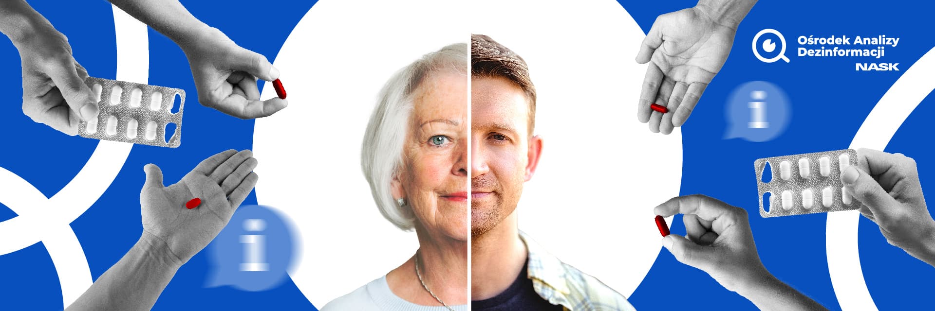 Twarz mężczyzny i twarz kobiety na tle rąk z tabletkami i blistrami